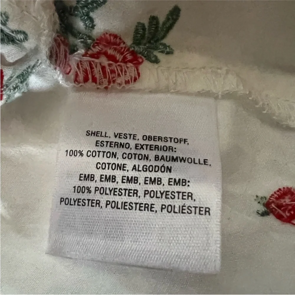 Anthropologie White Floral Tie-Waist Blouse with Red Roses
